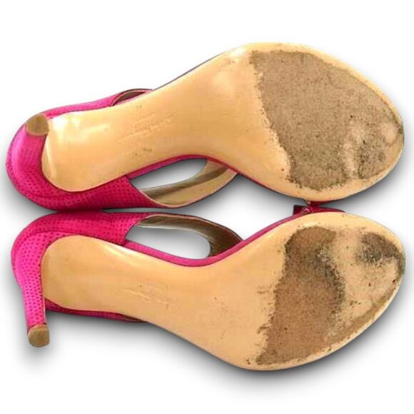 Salvatore Ferragamo Hot Pink Suede Open Toe Bow Accent Stiletto Heels Size 5.5 C - Picture 6 of 10